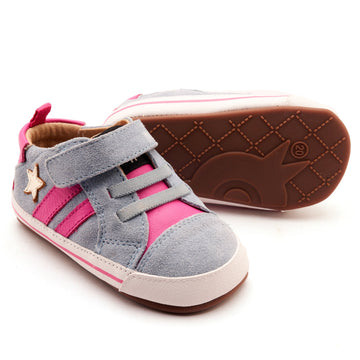 Pair of children's shoes with grayish blue and pink design on a white background