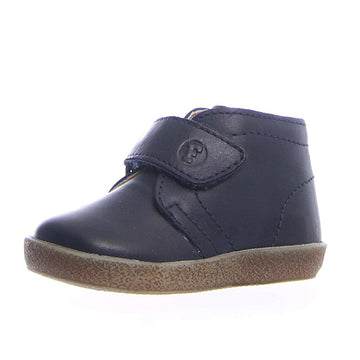 Navy blue children's boot with a strap on a white background
