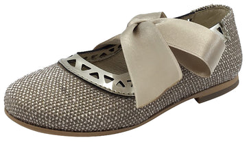 Luccini Beige Linen with Gold Trim Bow Tie Flats