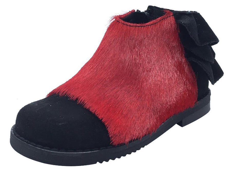 Luccini Girl's Ruffle Back Bootie, Black Suede/Red Pony Hair