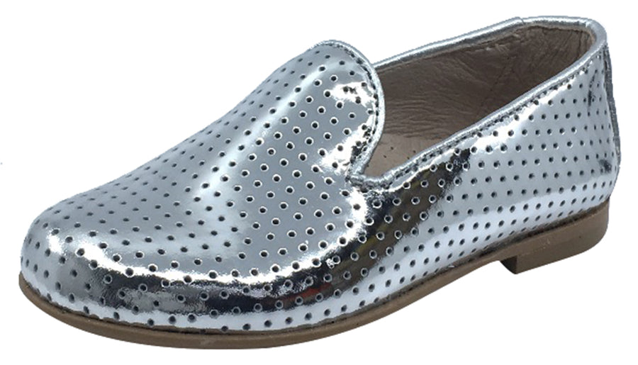 Hoo Shoes Smoking Loafer, Silver Perforated Leather