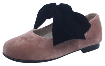 Hoo Shoes Girl's Velvet Mary Jane, Pink with Big Black Bow