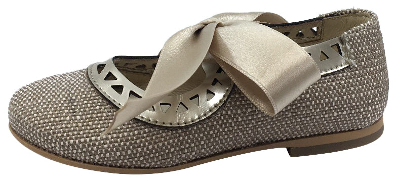 Luccini Beige Linen with Gold Trim Bow Tie Flats