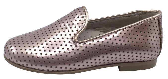 Hoo Shoes Girl's Smoking Loafer, Rose Gold Perforated Leather