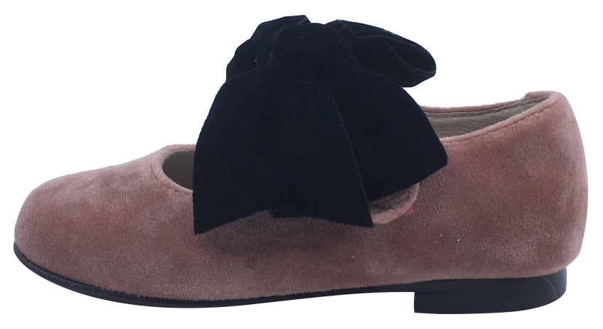 Hoo Shoes Girl's Velvet Mary Jane, Pink with Big Black Bow