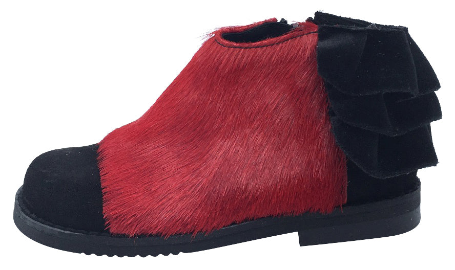 Luccini Girl's Ruffle Back Bootie, Black Suede/Red Pony Hair