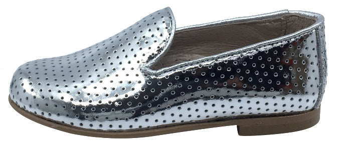 Hoo Shoes Smoking Loafer, Silver Perforated Leather