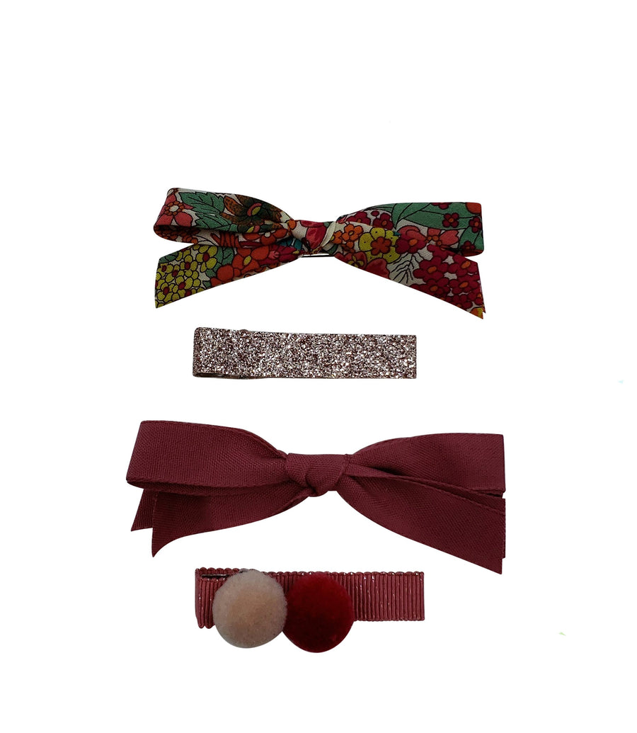 Five / Eleven Set 4 Hairclip Liberty Bow Pom Pom Floral Burgundy