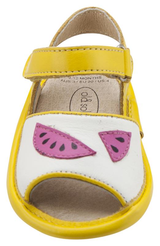 Old Soles Girl's 192 Trop Bambini Watermelon Smooth Yellow and White Leather Peep-Toe Hook and Loop Sandals