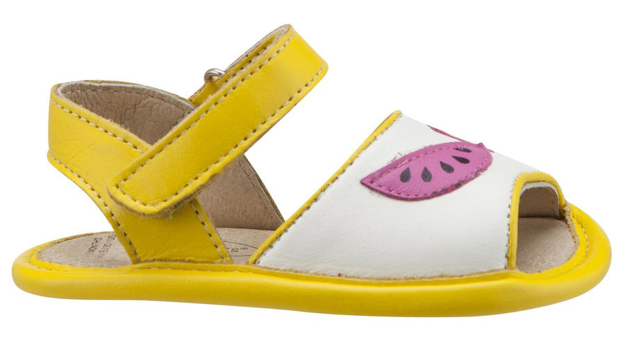 Old Soles Girl's 192 Trop Bambini Watermelon Smooth Yellow and White Leather Peep-Toe Hook and Loop Sandals