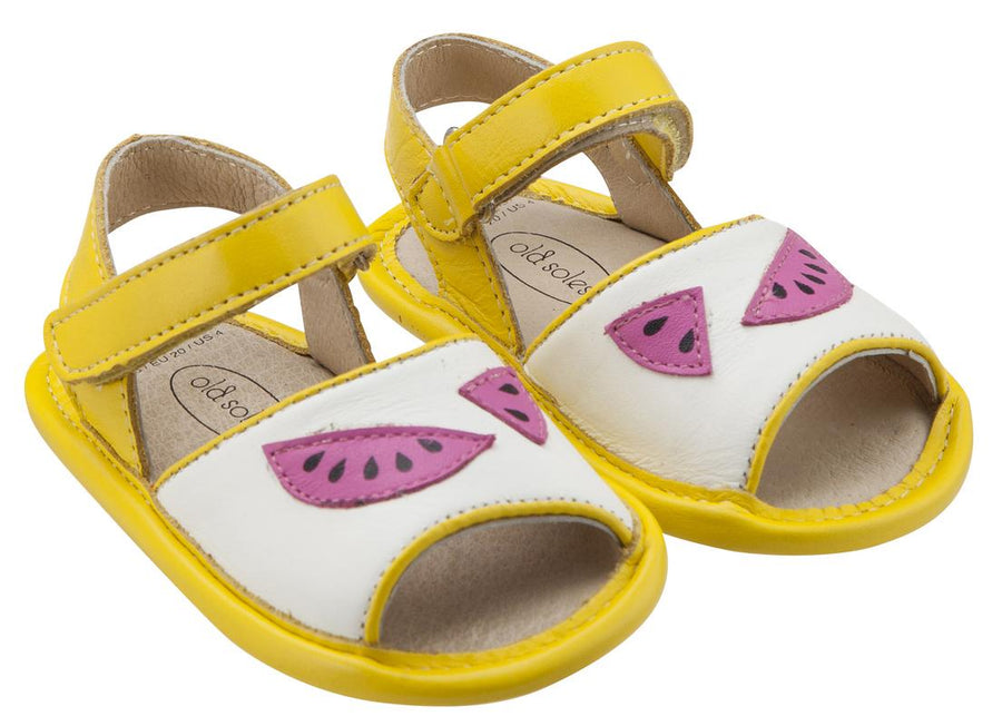 Old Soles Girl's 192 Trop Bambini Watermelon Smooth Yellow and White Leather Peep-Toe Hook and Loop Sandals
