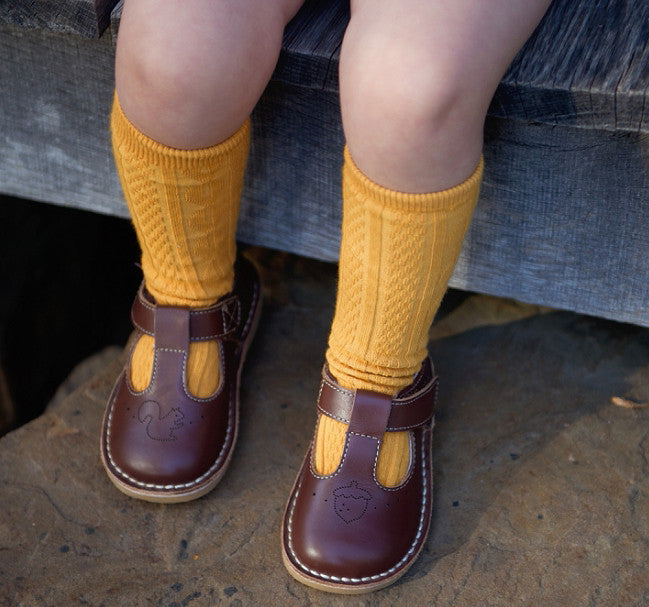 Livie & Luca Girl's Oak Leather Acorn Squirrel T Strap Hook and Loop Mary Jane Shoes Brown