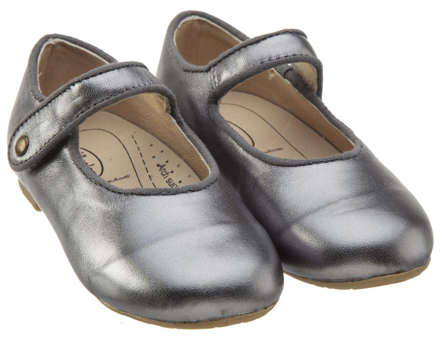 Old Soles Girl's 803 Lady Jane Rich Silver Leather Hook and Loop Decorative Button Mary Jane Flat Shoe
