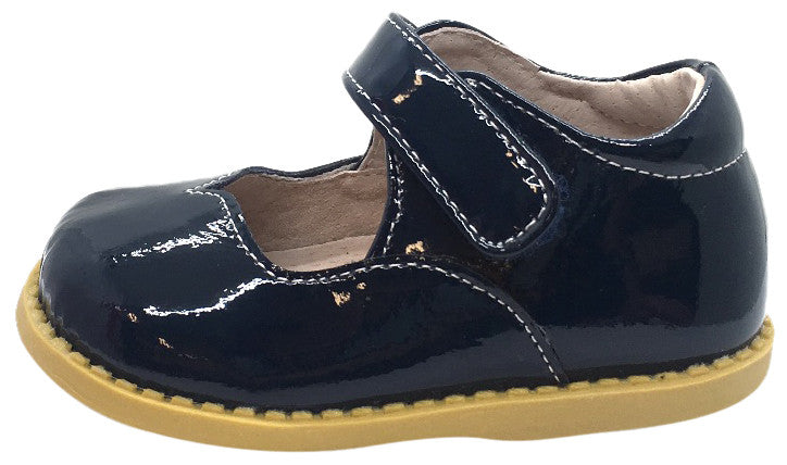 Livie & Luca Girl's Astrid Midnight Blue Patent Leather Mary Jane Shoe with Hook and Loop Closure