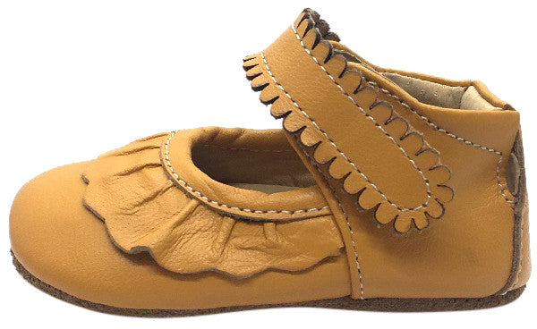 Livie & Luca Girl's Ruche Ruffled Butterscotch Leather Hook and Loop Mary Jane Shoe