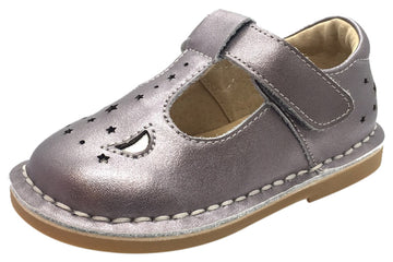 Livie & Luca Girl's Mae Pewter Metallic Shimmer Leather Moon & Stars Mary Jane Shoe with T-Strap Closure