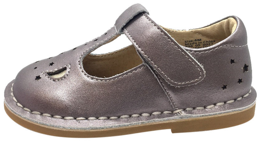 Livie & Luca Girl's Mae Pewter Metallic Shimmer Leather Moon & Stars Mary Jane Shoe with T-Strap Closure