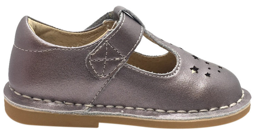 Livie & Luca Girl's Mae Pewter Metallic Shimmer Leather Moon & Stars Mary Jane Shoe with T-Strap Closure