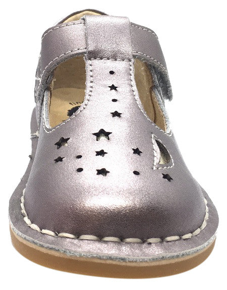 Livie & Luca Girl's Mae Pewter Metallic Shimmer Leather Moon & Stars Mary Jane Shoe with T-Strap Closure