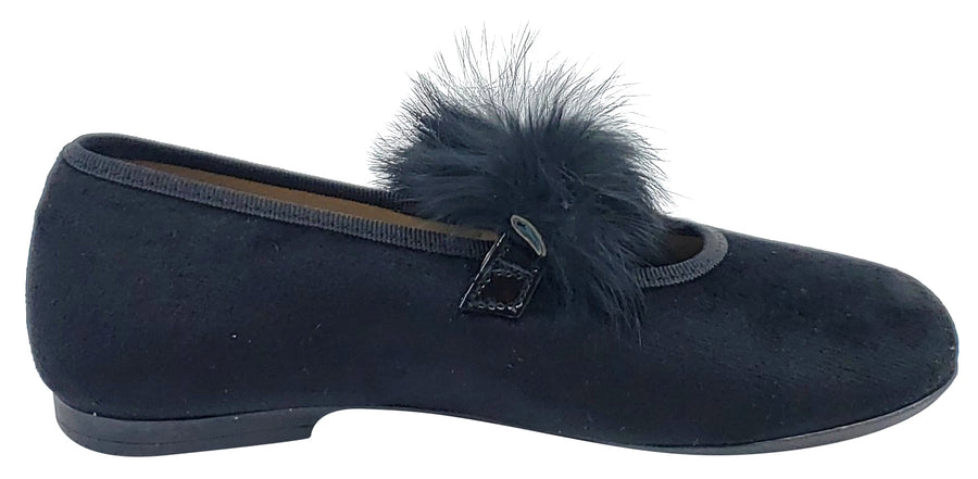 Maria Catalan Girl's Black Velvet Fur Detail Mary Jane