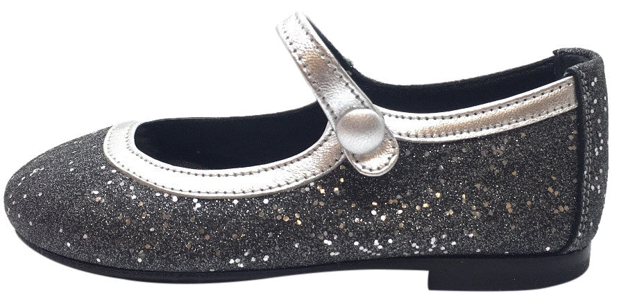 Papanatas by Eli Girl's Charcoal Grey Silver Trim Sparkle Mary Janes Button Flats