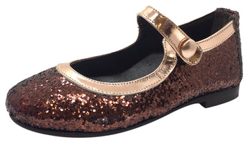 Papanatas by Eli Girl's Copper Brown Brass Trim Sparkle Mary Janes Button Flats