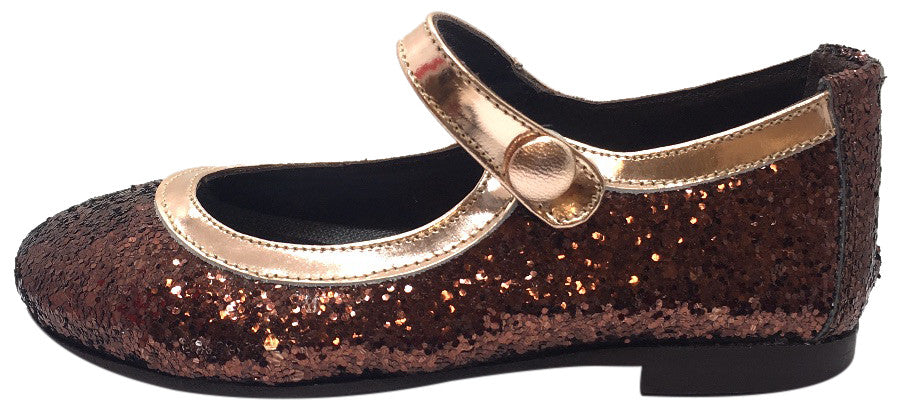 Papanatas by Eli Girl's Copper Brown Brass Trim Sparkle Mary Janes Button Flats