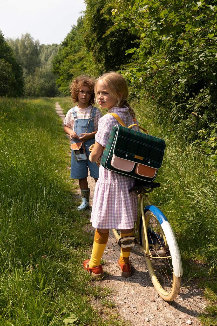 Sticky Lemon Wanderer School Bag, Forest Green Checks