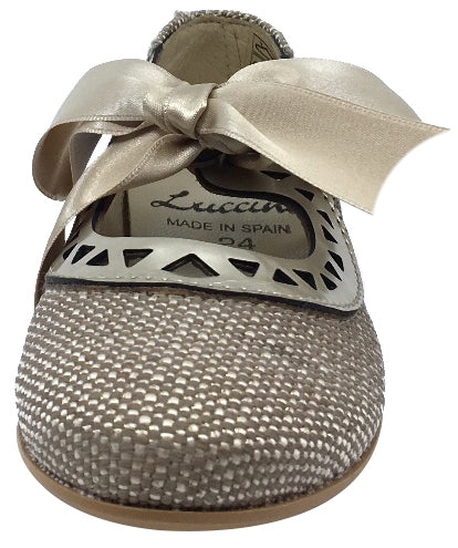 Luccini Beige Linen with Gold Trim Bow Tie Flats