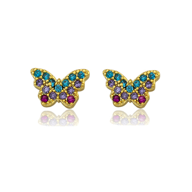 Little Miss Twin Stars 14k Gold Plated CZ Filled Butterfly Stud Earrings Multi