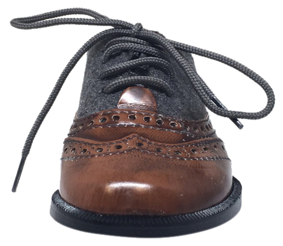 Hoo Shoes Boy's and Girl's Abe's Wingtip Brown Leather Grey Felt Flannel Lace Up Oxford Loafer Shoes