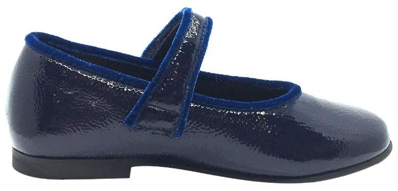 Luccini Girl's Navy Patent Crinkle Leather Mary Jane Flats with Trim