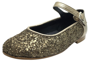 Zubii Girl's Old Gold Glitter Leather Mary Jane Flats with Buckle and Trim