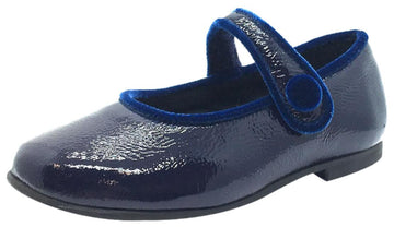 Luccini Girl's Navy Patent Crinkle Leather Mary Jane Flats with Trim