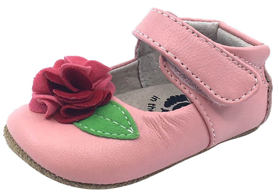 Livie & Luca Girl's Rosa Light Pink Smooth Leather Felt Flower Bud Hook and Loop Mary Jane Shoe