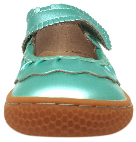 Livie & Luca Girl's Ruche Ruffled Aqua Shimmer Leather Hook and Loop Mary Jane Shoe