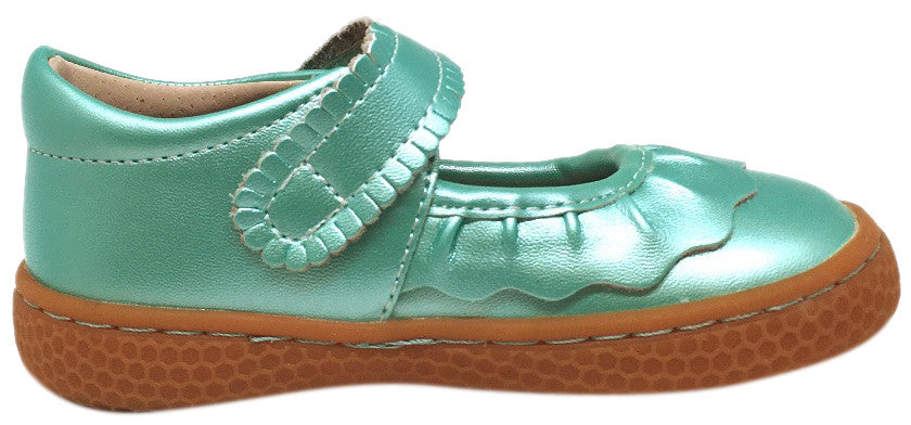 Livie & Luca Girl's Ruche Ruffled Aqua Shimmer Leather Hook and Loop Mary Jane Shoe