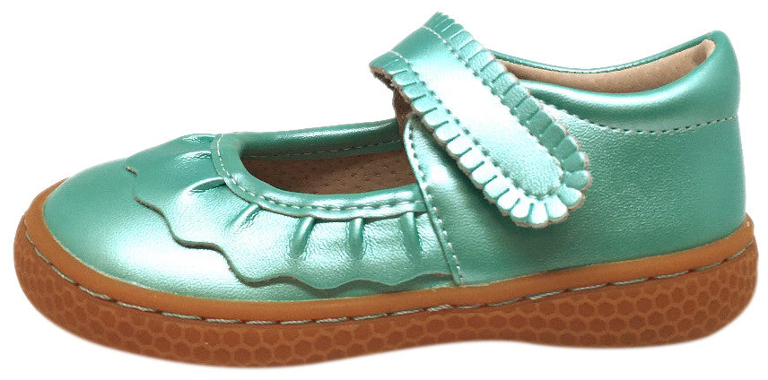 Livie & Luca Girl's Ruche Ruffled Aqua Shimmer Leather Hook and Loop Mary Jane Shoe