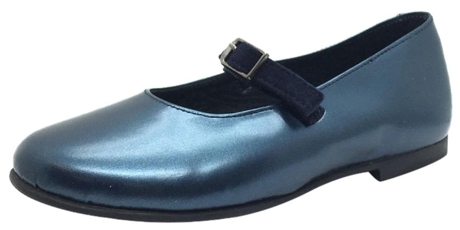 Luccini Girl's Metallic Blue Smooth Leather Mary Jane Flats with Navy Suede Buckle Hook and Loop Strap