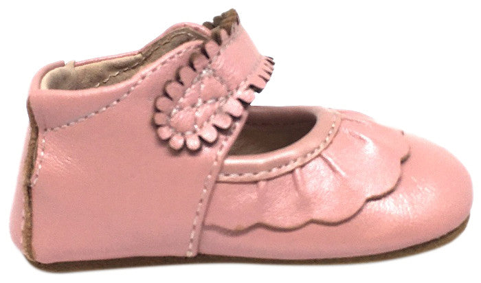 Livie & Luca Girl's Ruche Ruffled Light Pink Shimmer Leather Hook and Loop Mary Jane Shoe