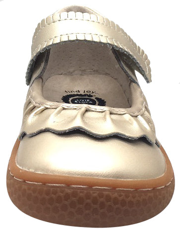 Livie & Luca Girl's Ruche Ruffled Champagne Shimmer Leather Hook and Loop Mary Jane Shoe