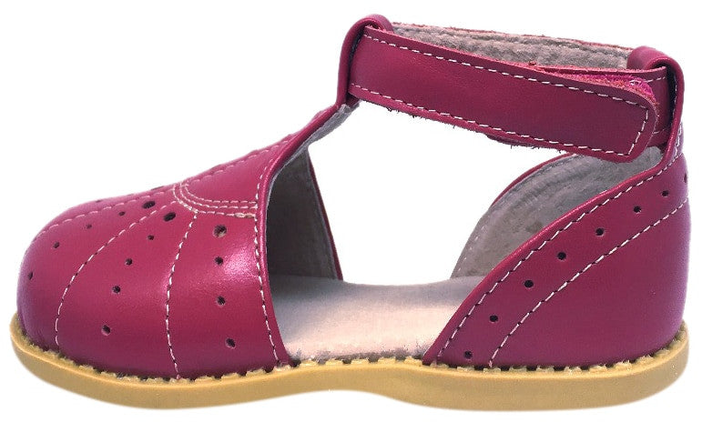 Livie & Luca Girl's Palma Hot Pink Perforated Leather T-Strap Style Ankle Strap Hook and Loop Mary Jane Shoe