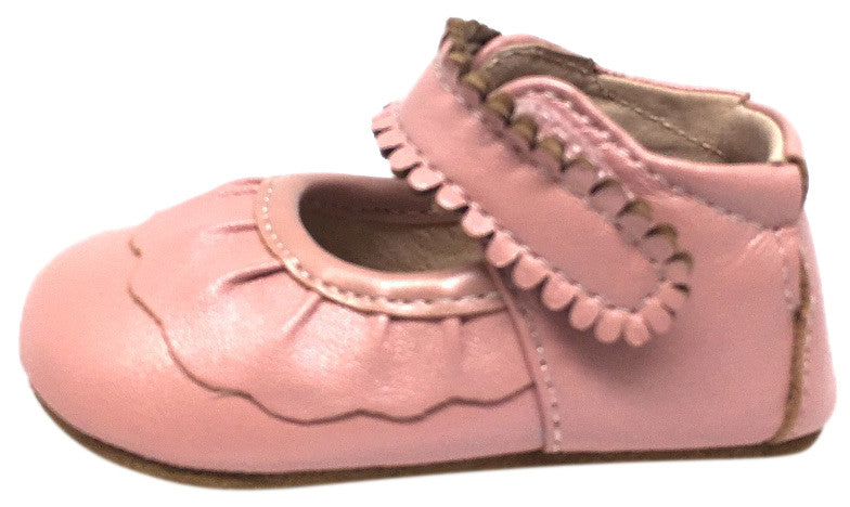 Livie & Luca Girl's Ruche Ruffled Light Pink Shimmer Leather Hook and Loop Mary Jane Shoe