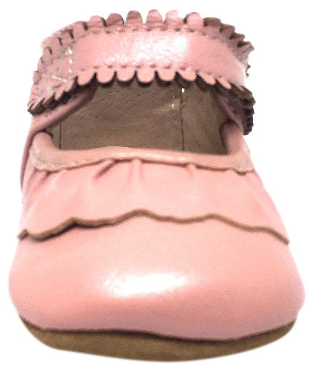 Livie & Luca Girl's Ruche Ruffled Light Pink Shimmer Leather Hook and Loop Mary Jane Shoe