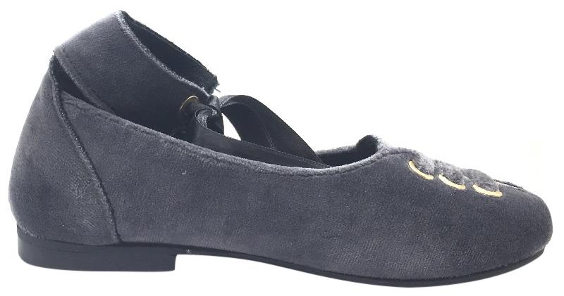 Luccini Girl's Grey Velvet Leather Lined Ankle Wrap with Ribbon Tie Dress Flats