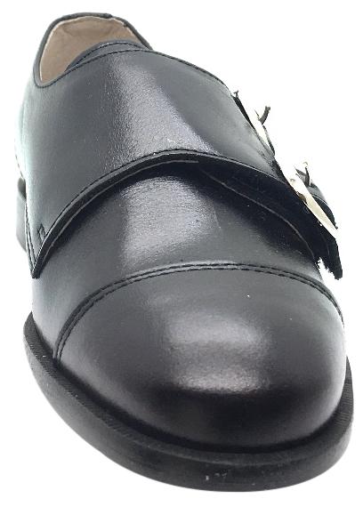 Hoo Shoes Boy's Black Smooth Leather Double Buckle Strap hook and loop Oxford Shoes