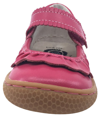 Livie & Luca Girl's Ruche Ruffled Hot Pink Smooth Leather Mary Jane with Hook and Loop Strap Flat Shoe