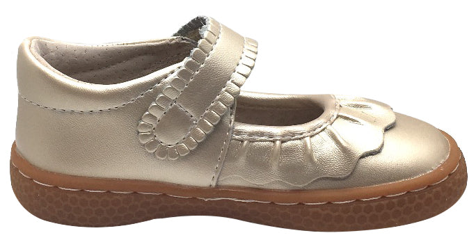 Livie & Luca Girl's Ruche Ruffled Champagne Shimmer Leather Hook and Loop Mary Jane Shoe