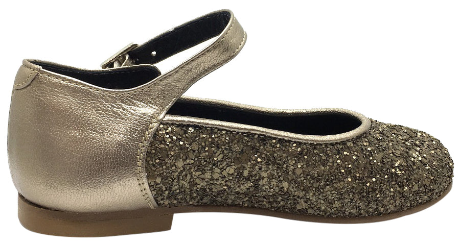 Zubii Girl's Old Gold Glitter Leather Mary Jane Flats with Buckle and Trim