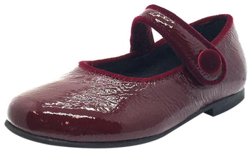 Luccini Girl's Burgundy Patent Crinkle Leather Mary Jane Flats with Trim